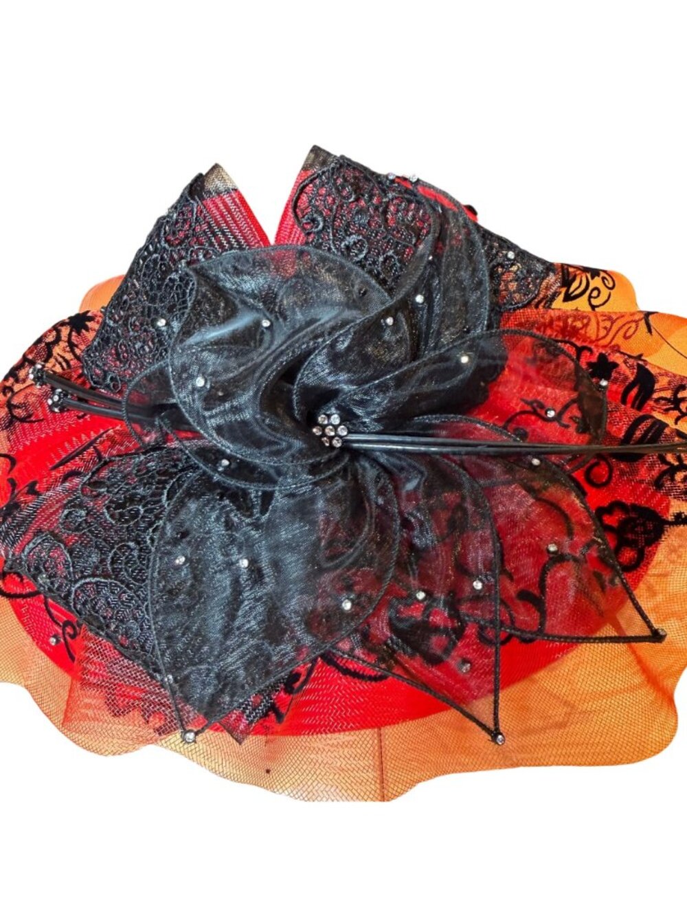 Ms Divine Elegant Red & Black Lace Wide Brim Hat Derby Church NEW - Picture 4 of 11